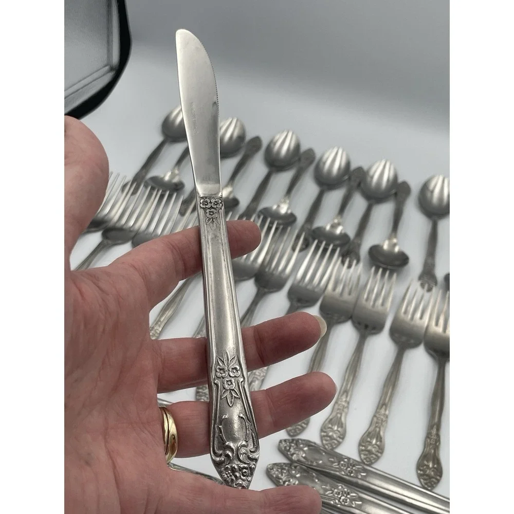 Vtg. 41 Piece Rogers Co. Japan Stainless Flatware Rose Pattern Knife Fork Spoon